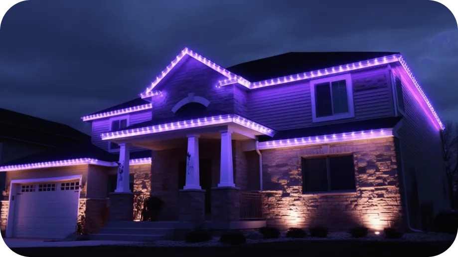 Professional permanent lighting installation demonstrating the transformation of a home's exterior with custom LED lighting